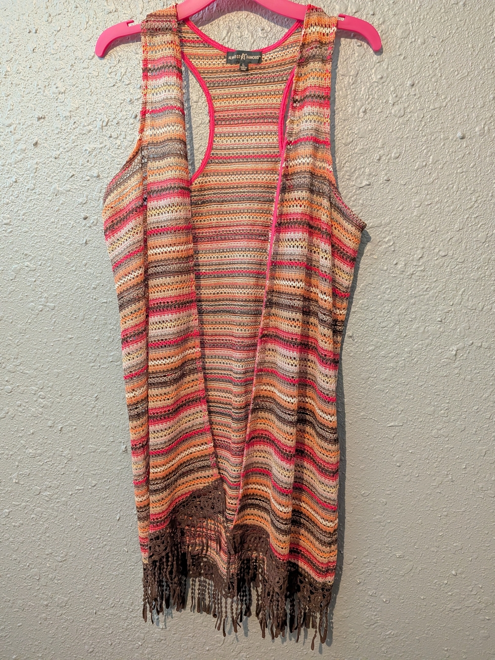 Sz L Pink Multi-Stripe Crochet Fringe Tank